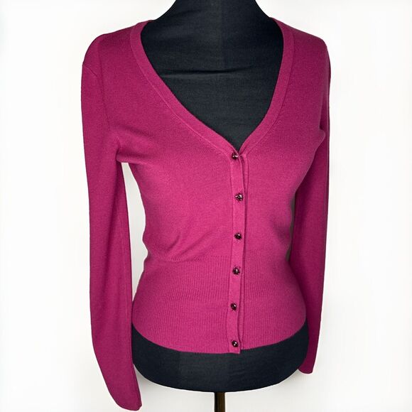 Vintage Y2K Ann Taylor Loft Pink Jewel Button Knit Cardigan Sweater Small Preppy - Picture 2 of 10